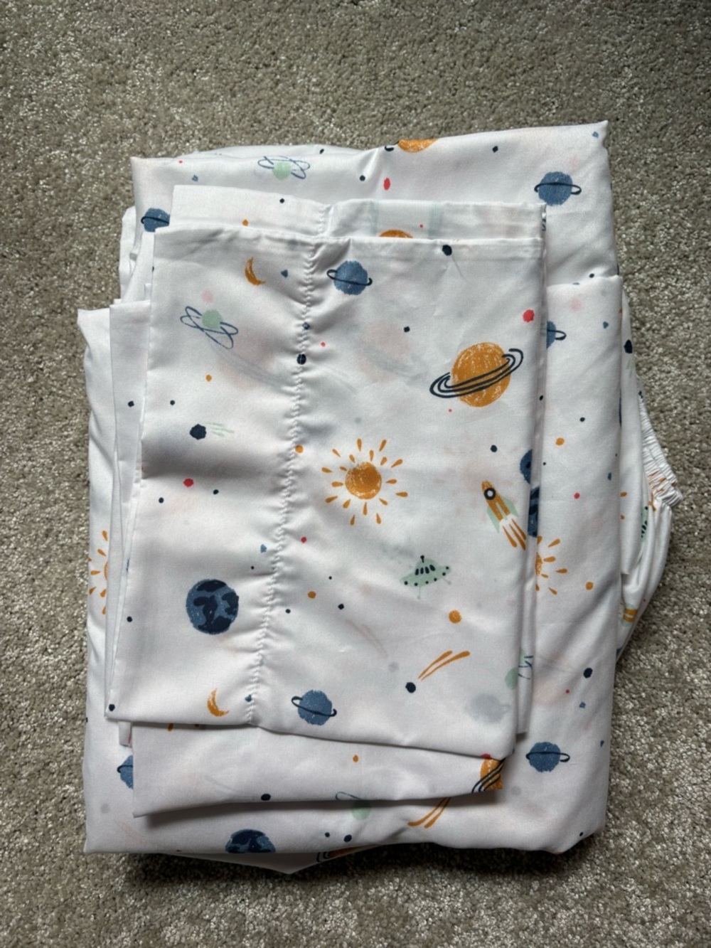 Twin Sheet Set with Whimsical Blue & Gold Space Print